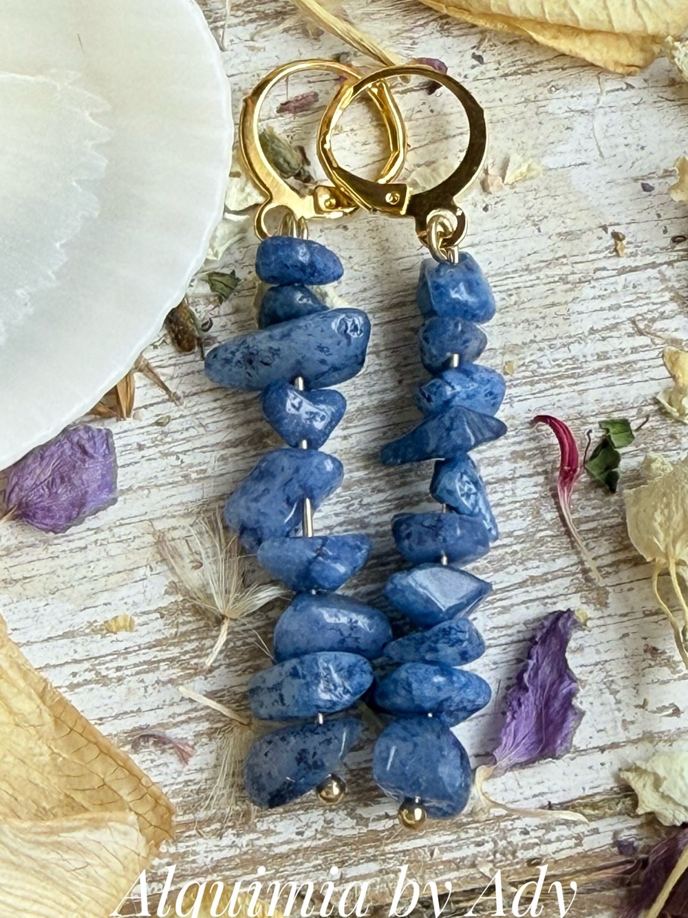 Blue untreated sapphire Chip Stone Dangle Earrings with Gold Hoops